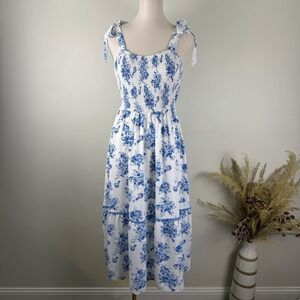 Blue White Floral Toile Smocked Midi Dress Large Tie Strap Tiered Cottagecore